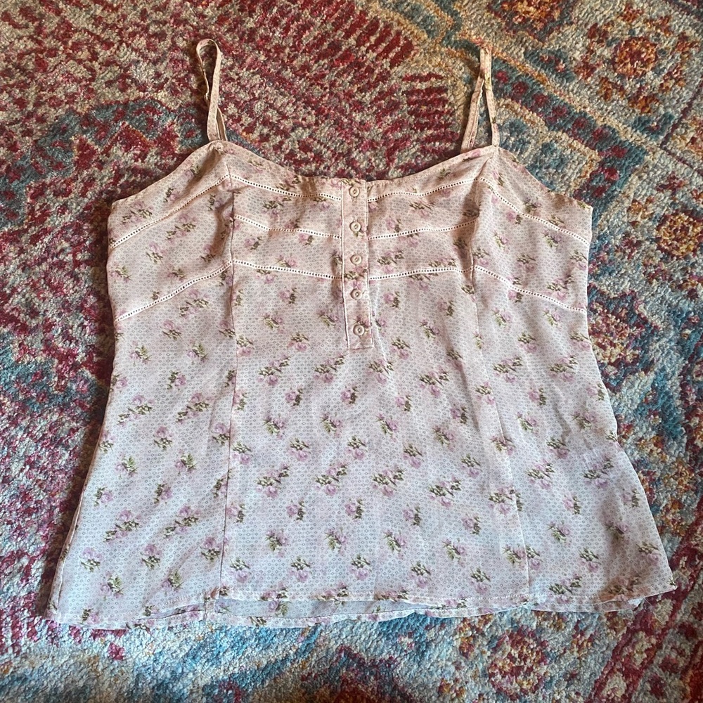 Sheer Biege & Pink Floral Button Up Tank Top